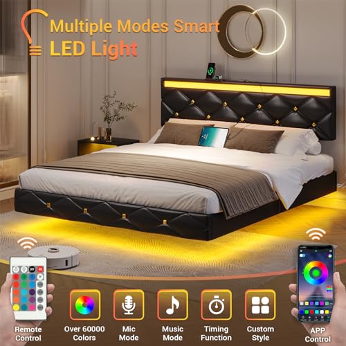 Image of Hasuit Floating Bed Frame Full Size with LED Lights and Charging Station, Modern Full Platform Bed with Vegan Leather Upholstered Headboard, No Box Spring Needed, Noise Free, Easy to Assemble