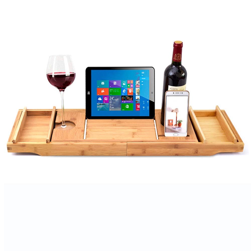 YBWEN Bathtub Rack Bamboo Bath Tub Tray With Extending Sides Built In Book Tablet Holder Cellphone Tray And Integrated Wineglass Holder Bathroom Trays (Color : Brown, Size : 75cm x 23cm)