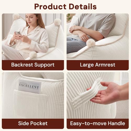 Korser Bean Bag Chair for Adults and Teens, Small Bean Bag Couch Cozy with Foam Filler, Corduroy Comfy Beanbag Chair with Back Support, Lounge Floor Sofa for Living Room, Reading, Bedroom, Beige - image 5