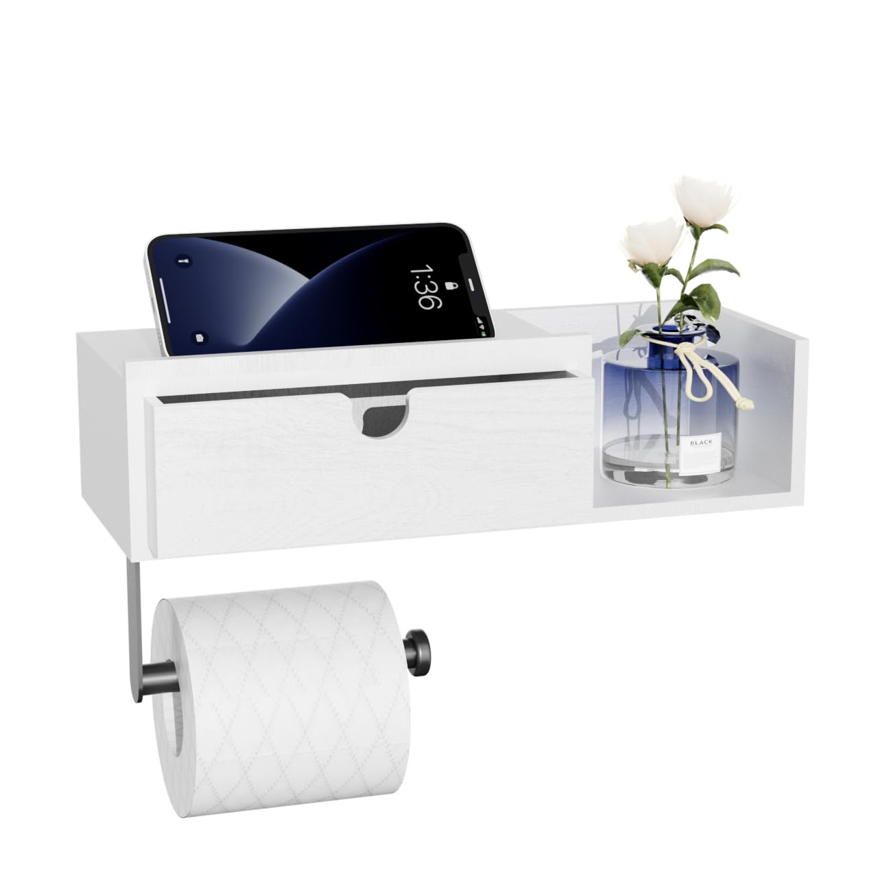 HapiRm Toilettenpapierhalter Ohne Bohren mit Ablage - Klopapierhalter mit Ablage Klorollenhalter Ohne Bohren, Hohe Speicherkapazität Toiletenpapierhalterung Toilettenrollenhalter Holz für Badezimmer