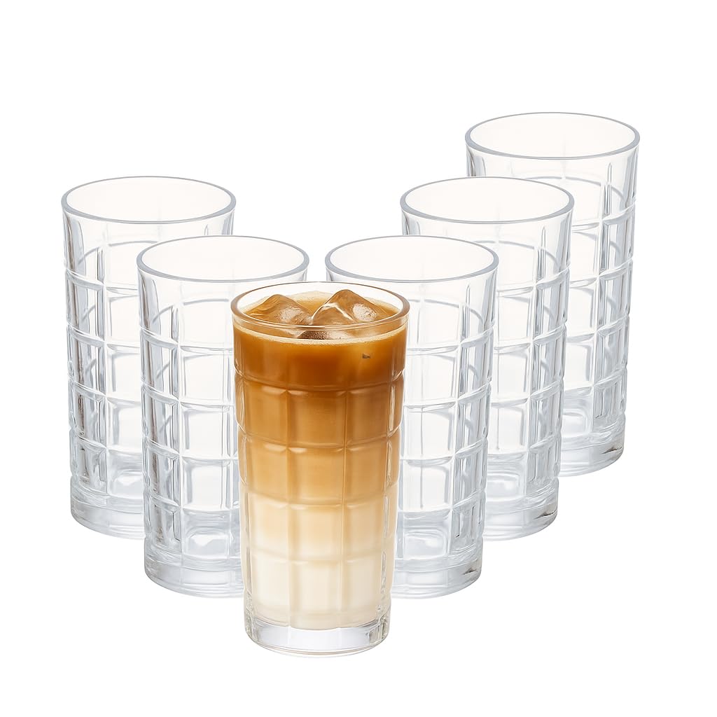 Eden & Willow Highball Drinking Glasses 350ml, Set of 6 Hi Ball Pint Cocktail Glasses, Dishwasher Safe BPA-Free, Tall Glassware Tumblers for Iced Coffee & Cold Drinks, Home Essentials