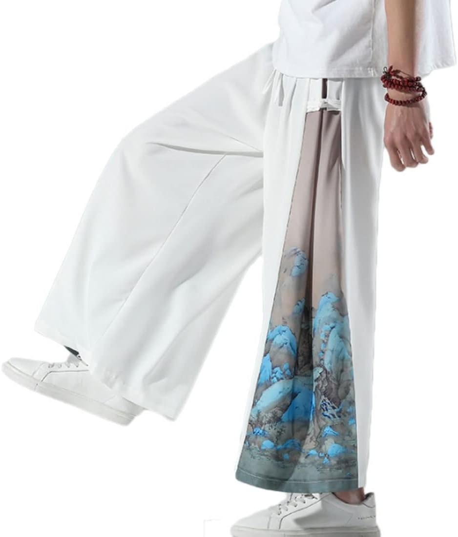 HZCX FASHION Mens Wide Leg Palazzo Pants Elastic Waist Yoga Painting Patch Slack