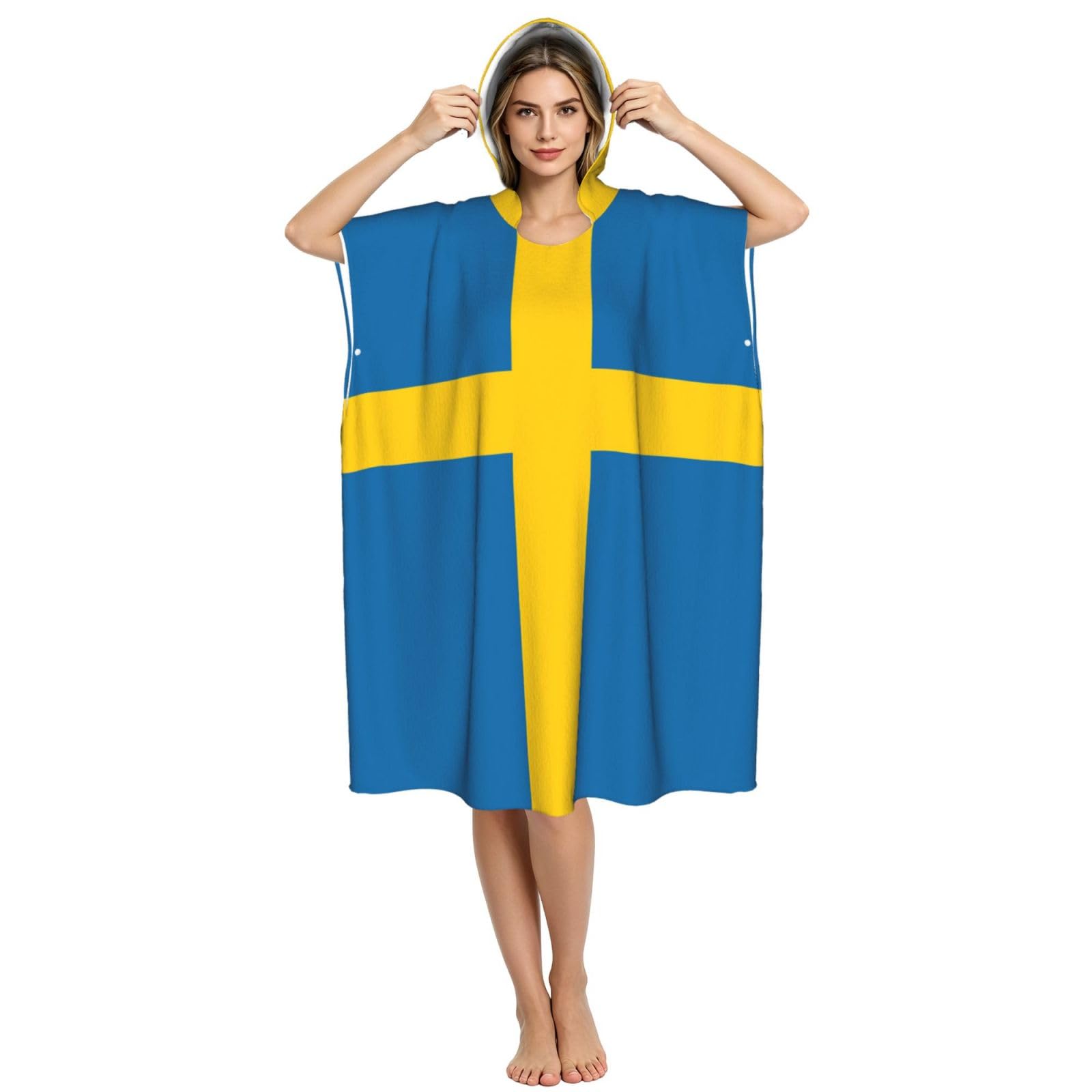 Yyoretp Swedish flag Print Surf Poncho Changing Towel Swim Robe Hoodie Quick Dry Terry Cloth Swimming Cover Up