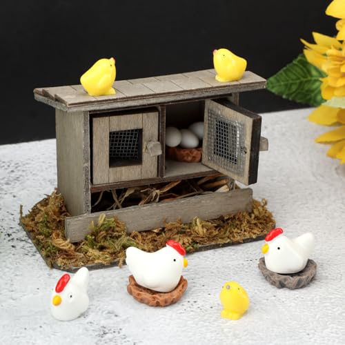 Restynic Miniature Chicken Coop Set - 13-Piece Farm Decor Kit with Hens, Chicks, Eggs & Nests for...