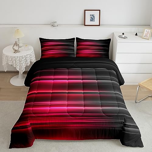 Image of Feelyou Abstract Ombre Bedding Set Full Size, Red and Black Comforter Set Red and Black Striped Comforter for Kids Toddler Red Black Gradient Duvet Set Lightweight Quilt Set