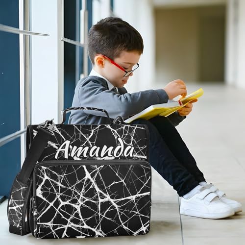 Image of Custom 3 Ring Zipper Binder Black Marble White Pattern Personalized Name 1.5 inch Binders Large Capacity Multi Pockets for School Office Supplies