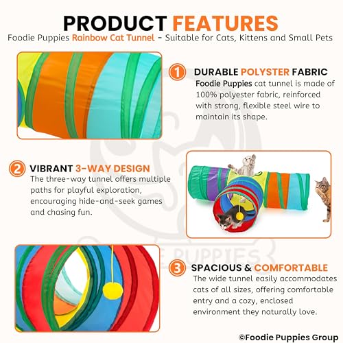 Image of Foodie Puppies 3 Way Rainbow Cat Tunnel Toy - Foldable Interactive Pet Play Tunnel with Hanging Ball for Cats, Kittens, Rabbits, and Guinea Pigs | Indoor /Outdoor Puzzle Exercising Hiding Training Toy