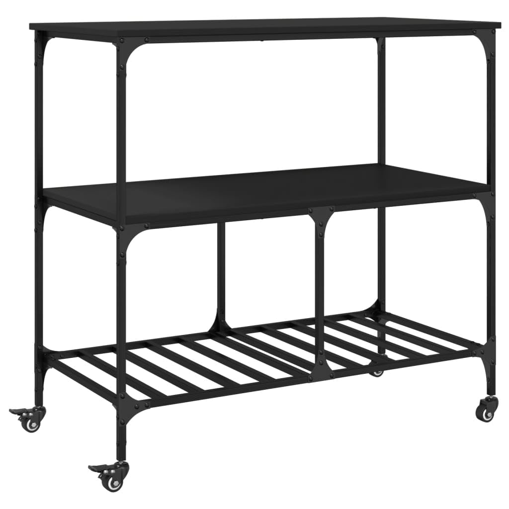 vidaXL Carrito de Cocina, Estante de Almacenaje, Carro de Servicio Comida, Carrito para Salón Baño Estudio, Madera de Ingeniería Negro