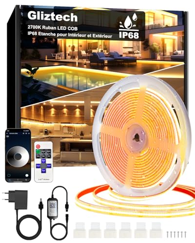 Ruban Led Cob Exterieur 7M IP68 Etanche, Bande LED Blanc Chaud Autocollante 2700K, Alimentation 24V Led Cob Application et Télécommande pour Avant Toit Jardin Piscine Terrasse Cuisine Salle de Bain
