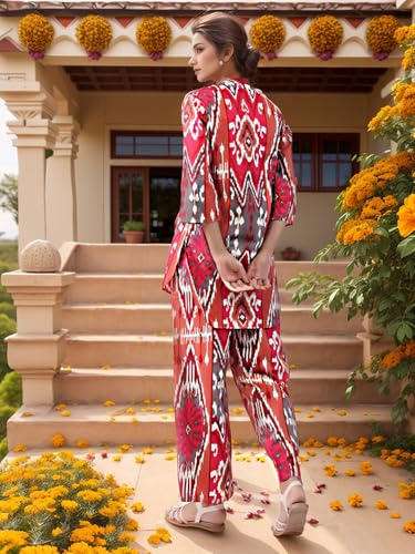 Nainvish Women's Deep Pink Printed Straight Rayon Blend V-Neck Co-Ord Set (Sd723_Kb-Xl_Deep Pink)