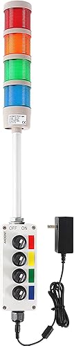 Luz LED de torre Andon de 4 pilas con zumbador (rojo/amarillo/verde/azul), IP53, Plug & Play con adaptador de 6 pies, caja de control de 4 agujeros
