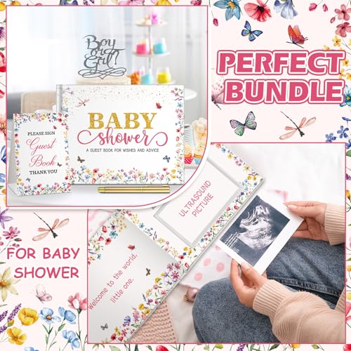 Image of Fuyoooo Baby in Bloom Baby Shower Guest Book Sign in Guest Book Reception with Sonogram Page Keepsake Includes Gold Pen Table Card and Adhesive Photo Corner for Birthday