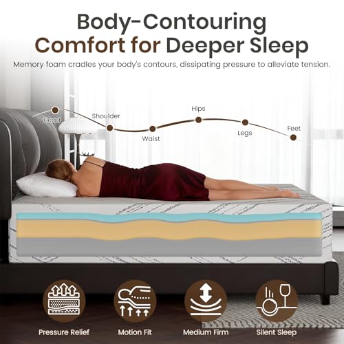 Image of Twin XL Mattress 10 inch, Medium Firm Cooling Gel Memory Foam Mattresses, Twin XL Mattress in a Box, Removable Washable Cover,Upgraded Support, CertiPUR-US,Made in USA
