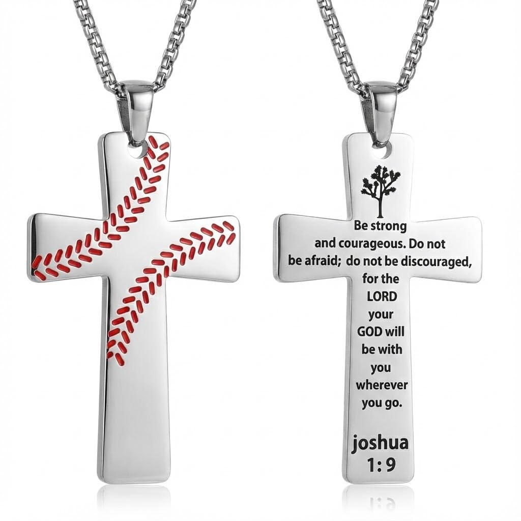 VERKUUY Baseball Cross Necklace for Men Boys(22+2 Inches), 316L Stainless Steel Chain American Flag Pendant Bible Verse Religious Christian Jewelry