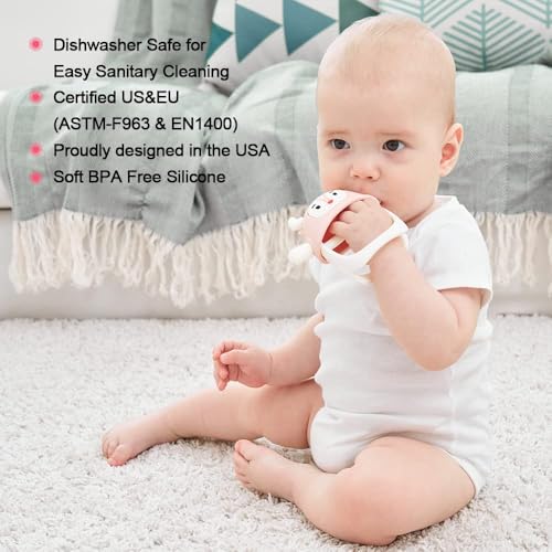 Image of Reindeer Organic Baby Toys 0-6Months, Mitten for 3-6Months, Easy to Hold Stem with Chewing Nubs for Teething Pain Relief for 6-12Months Babies, (Rose Pink)