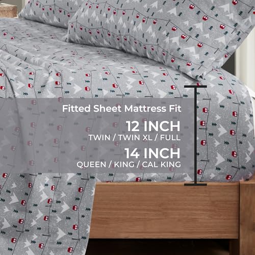 Image of Woolrich Cotton Sheet Set Cottage Charms Print, 100% Cotton Flannel Sheets Warm & Fuzzy Bedding Set King Size Sheets, Fitted Pocket Fits Up to 14 inch Mattress, King Grey Ski Jump 4 Piece