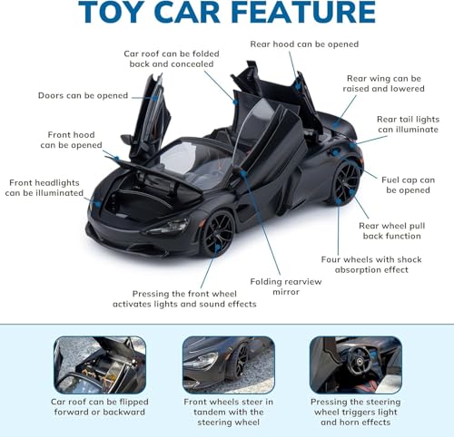 Image of FEXXA 1.18 Scale McLaren 720S Die-Cast Metal Car with Sport car Openable Doors Light and Sound,Pull Back Function Indoor Outdoor Toy for Kids (Black)