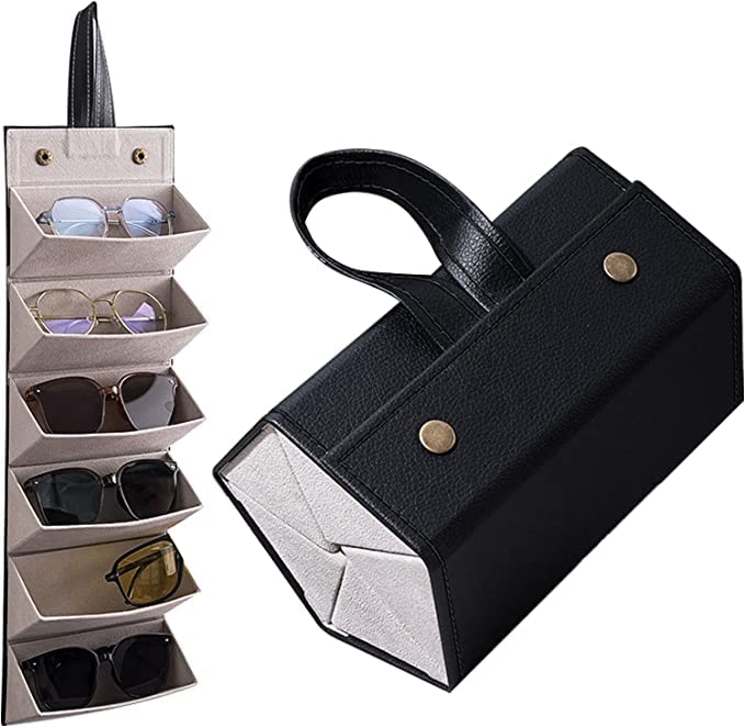 Leather Multiple Glasses Storage Case, New Upgrade 5-Slot Sunglasses Travel Organizer Foldable Eyeglasses Storage Box Hanging Eyewear Holder Display for Women Men (BLACK)-image-46