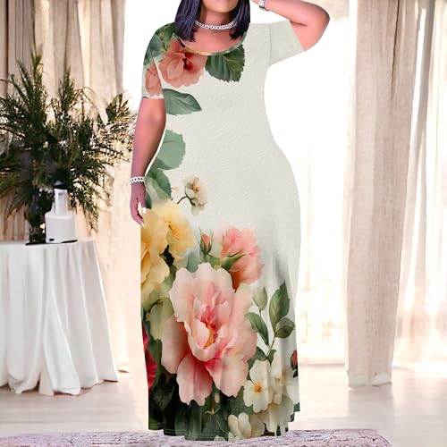 Image of PinkPatty Women's Plus Size Maxi Dresses Short Sleeve Sundress Summer T-Shirt Beach Long Dress with Pockets