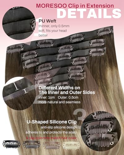 Image of Moresoo Clip in Hair Extensions, Balayage Blonde, PU Weft, for Fine Hair | Clip in human hair extensions, dark mocha brown to light brown and light gold blonde, 18inch 120g 7pcs, for social and office