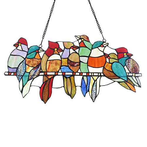 COTOSS Tiffany Stained Glass Window Hangings, 8 Birds on a Wire Stained Glass, Stained Glass Panels, Art Glass Window Treatments