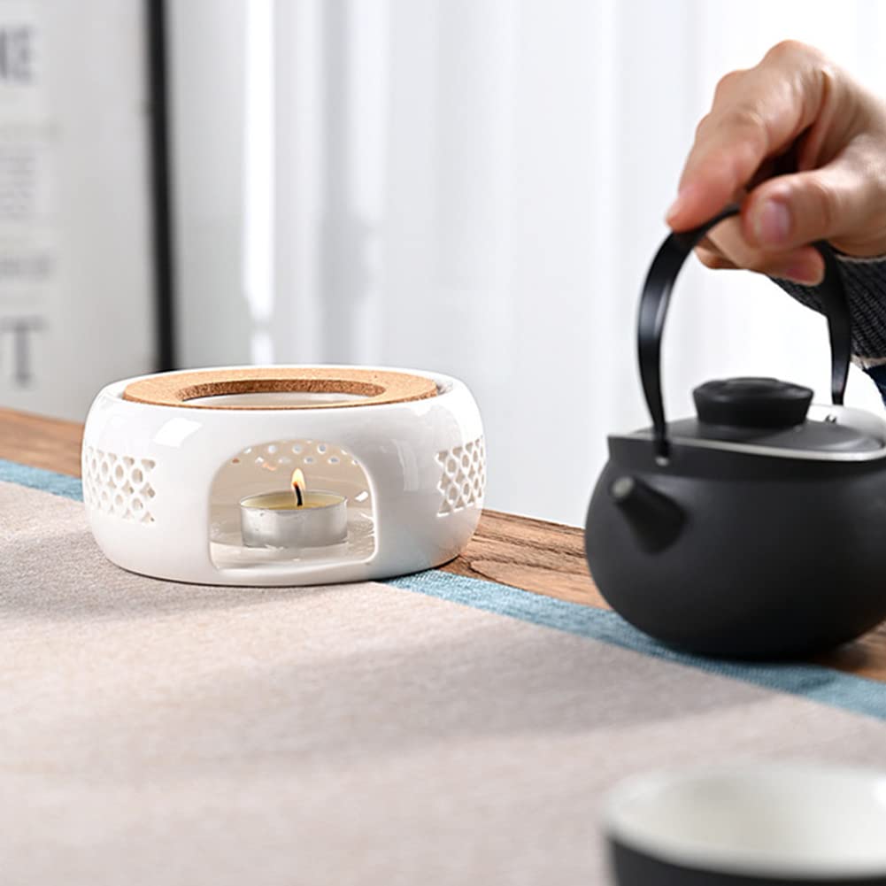 Stoofje, warmhouder voor theepot, witte theewarmer van keramiek, theepotwarmer met kandelaar, holle gesneden design, stoofje, theepot, geschikt voor het verwarmen van thee, melk, koffie