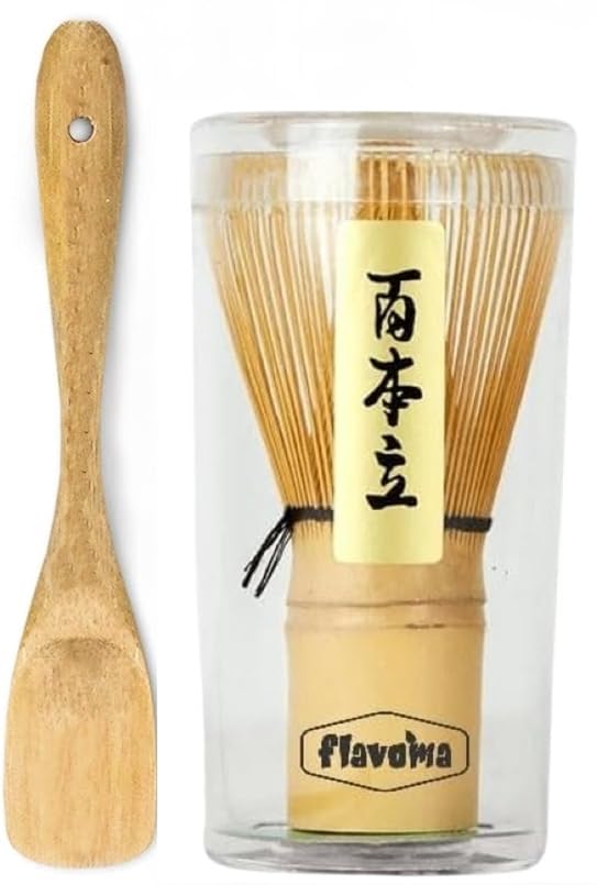 Flavoma Japanese Handmade Bamboo Matcha Tea Accessories Sets of 2 (Delicate Match Brush Japanese Style) + Traditional Tea Scoop (Retro Style), The Perfect Set to Prepare a Traditional Cup of Matcha.