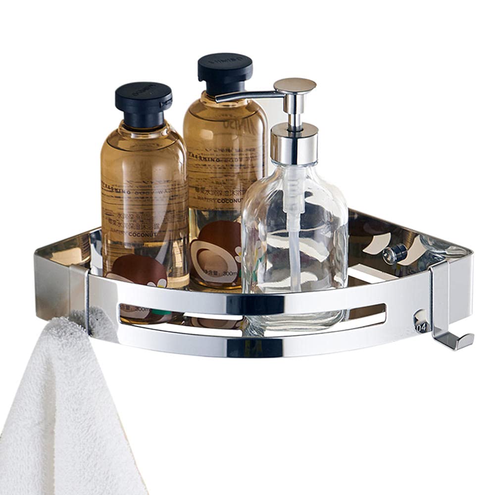 YQIRONRI Shower Caddie Corner Caddy Adhesive Shelf with Hook Stainless Steel Wall Mounted No Drilling for Kitchen Toilet-Silver