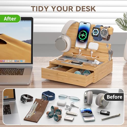 Pezin & Hulin Wood Nightstand Organizer Tray, Bamboo Phone Docking Station with Drawer, Bedside Valet Tray for Multi-Device, Ideal for Husband Him Boyfriend Graduation Christmas (Natural) - Cosy Home Interiors Pezin & Hulin Wood Nightstand Organizer Tray, Bamboo Phone Docking Station with Drawer, Bedside Valet Tray for Multi-Device, Ideal for Husband Him Boyfriend Graduation Christmas (Natural) - Image 5