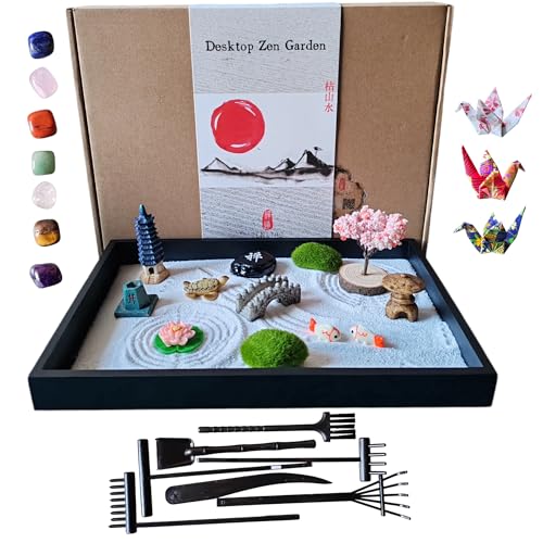 ZEN&TAO Classic Desktop Zen Garden with Abundant (Over 20) Accessories Sitting in Large Black Original Wood Tray and 7pcs Toolset Encased in Metal Box (CHAKRA GEMSTONES)