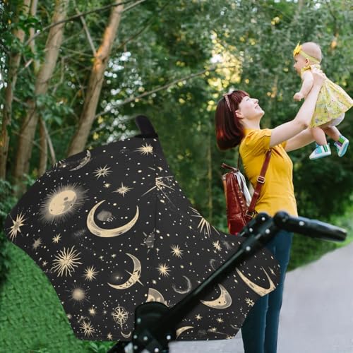 Image of Breathable Car Seat Cover for Babies, Women Nursing Covers, Multi Use Car Seat Canopy Cover, Infant Car Sun Shade Covers Windproof, Boy & Girl Shower Gifts (Moon & Stars Black)