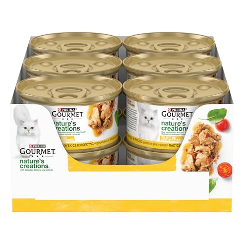 GOURMET NATURE'S CREATIONS Cibo Umido per Gatti Adulti Filettini con Pollo guarnito con spinaci e pomodori 12 lattine da 85g