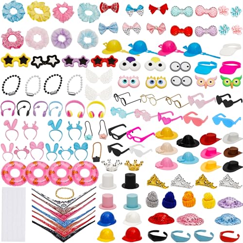 Swakuta 130 Pcs Rubber Duck Accessories Decorations Mini Duck DIY Accessories Cowgirl Hats Necklaces Glasses Earphones Swimming Ring for Birthday Baby Shower Swimming Party Favor Decorations