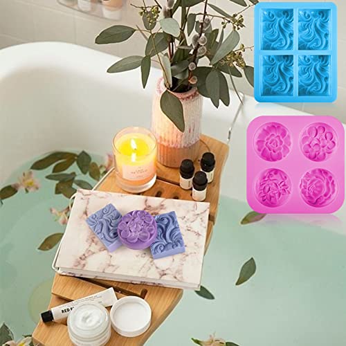 Image of Sakolla 2 Pack Silicone Soap Molds, 4 Cavities Rectangle Wave and Round Flower Silicone Molds for Handmade Soap, Candle and Mousse Cake
