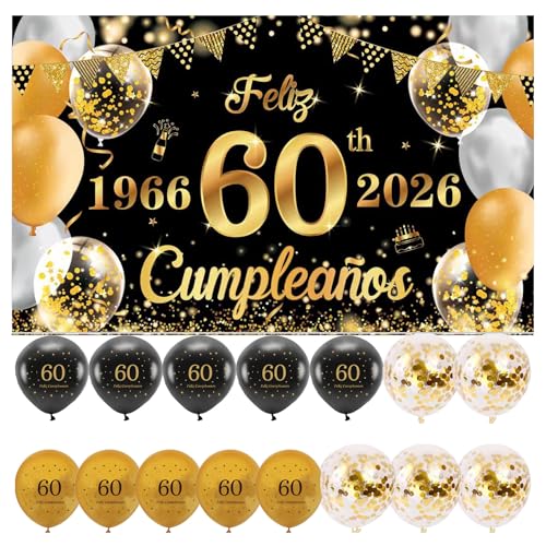 (1+15) Decoração para aniversário 60 escrita em espanhol 1 bandeira feliz aniversário 60 anos decoração 60 anos preto ouro Happy Bithday fundo cartaz com 15 balões para aniversário ornamentos kit para