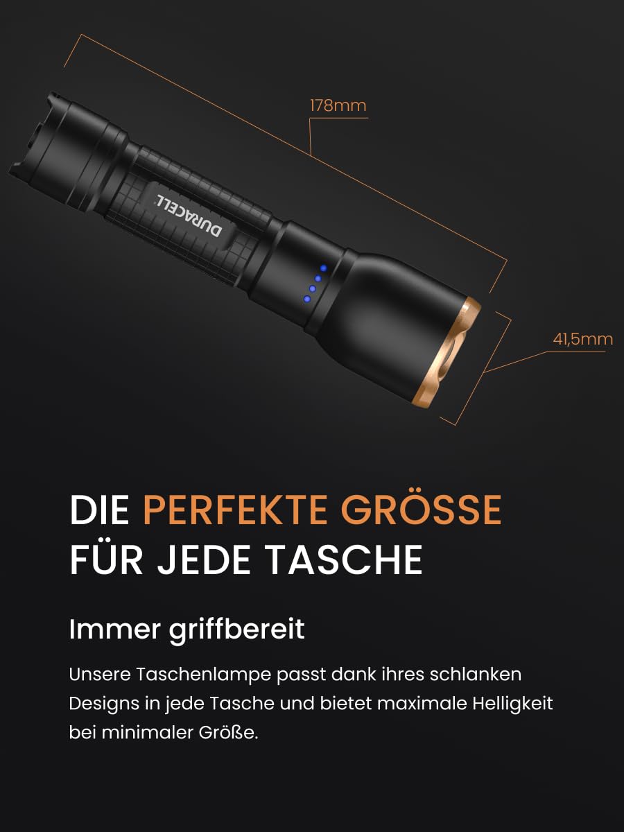 Duracell Linterna LED DF1500R Pro – 1500 lúmenes, enfocable, alcance de 145 m, recargable por USB-C, batería de ion de litio 21700, varios modos de luz, a prueba de salpicaduras, incluye caja de