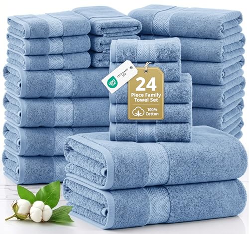 Image of LANE LINEN 24 Piece Towels for Bathroom - 100% Cotton Oversized Bath Quick Dry Spa 2 Extra Large Sheet 4 Towel 6 Hand 8 Wash Cloths Fingertip Allure
