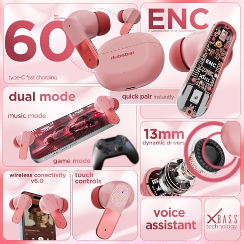 Image of Dubstep Buzz X12 TWS Wireless Earbuds, 60H Playtime, Bluetooth 6.0, ENC Noise Cancellation, 13mm Drivers, Game & Music Mode, Touch Control, Type-C Fast Charging (Pink)