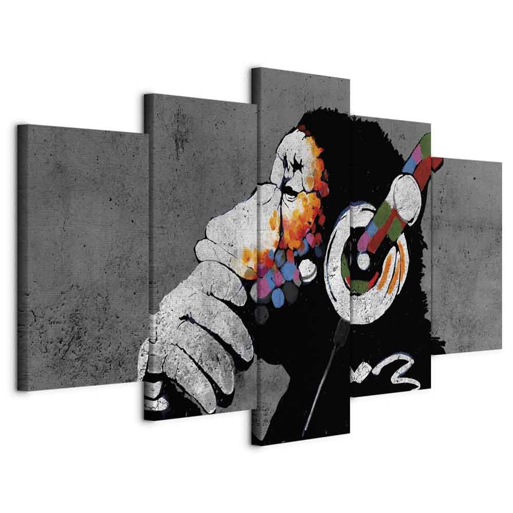 murando Cuadro en Lienzo DJ Mono 200x100 cm 5 partes Impresión en Material Tejido no Tejido Impresión Artística Imagen Gráfica Decoracion de Pared Banksy Animales Concreto Musica g-A-0288-b-m