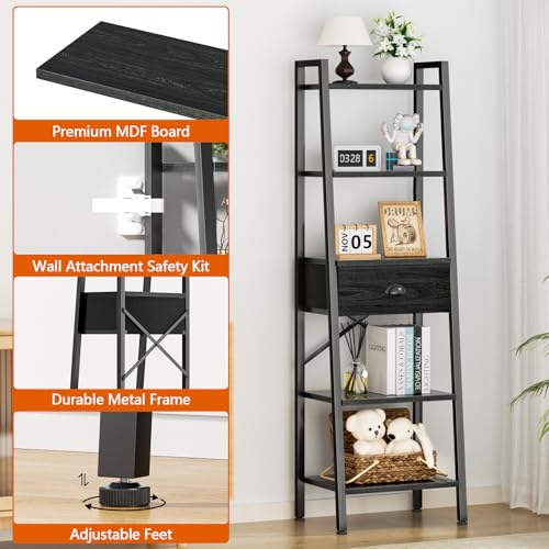 Image of Furologee 5 Tier Bookshelf, Ladder Shelf with Drawer, Tall and Narrow Bookcase, Storage Shelves Organizer,Industrial Display Standing Units for Bathroom,Kitchen,Bedroom,Living Room,Black Oak