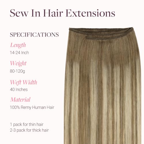 Image of GOO GOO Sew in Hair Extensions Real Human Hair, Weft Hair Extensions Human Hair, #8E /61 /8E Caramel Latte Mocha with Ash Blonde Highlights 20 Inch 100g, Weft Bundles Straight Silky Remy Hair