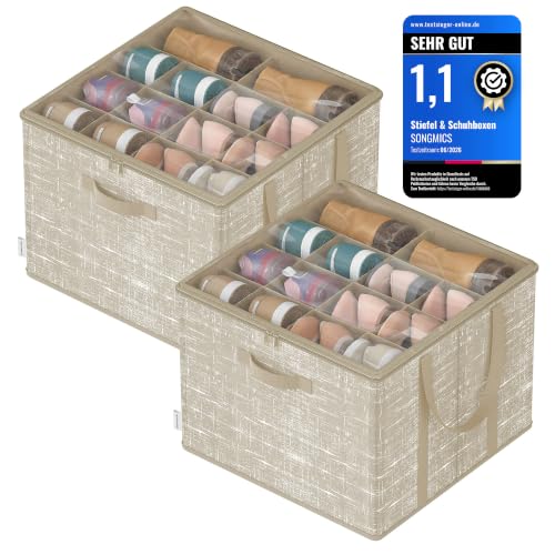 SONGMICS Schuh-Organizer 2er Set jeder für bis zu 16 Paar Schuhe Schuhaufbewahrung Griffe transparenter Deckel für Schlafzimmer Eingangsbereich Kleiderschrank cappuccinobeige LSP602LF01