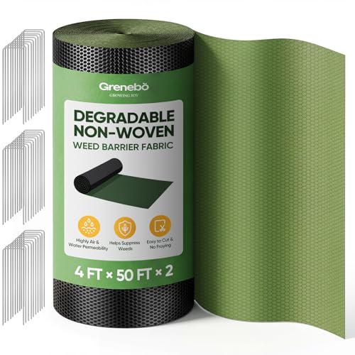 Grenebo Weed Barrier Fabric 4FT x 100FT Non-Woven Landscape Fabric Easy to Cut & Fray-Resistant Breathable & Permeable Landscaping Fabric with 30 Stakes for Gardens Flower Beds Vegetable Plots