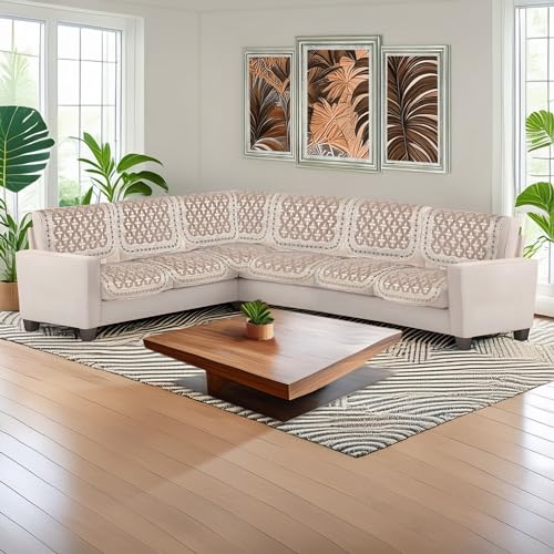 Image of Premium Chenille Woven Anti-Slip 6 Seater L-Shape Sofa Cover | L-Shape Sofa Seat Protector for Living Room | Durable & Stylish Slipcover - Copper Brown - Floral