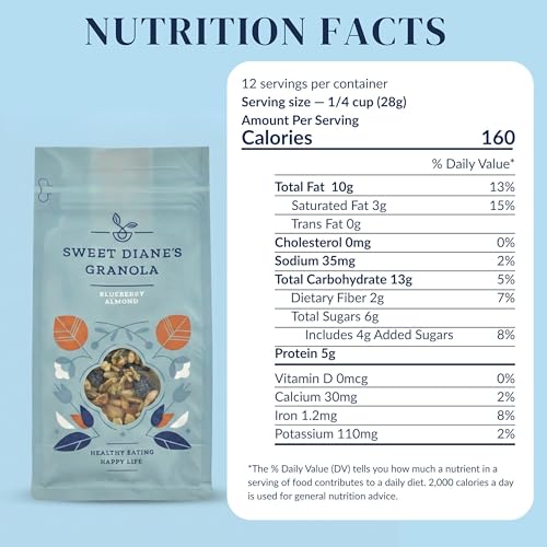 Image of Sweet Diane's Granola - Standard Size (12 oz): Organic Granola, Low-Sugar, High-Fiber, Gluten-Free, Vegan, Delicious Breakfast and Snack Topper (Classic Size, Blueberry Almond)