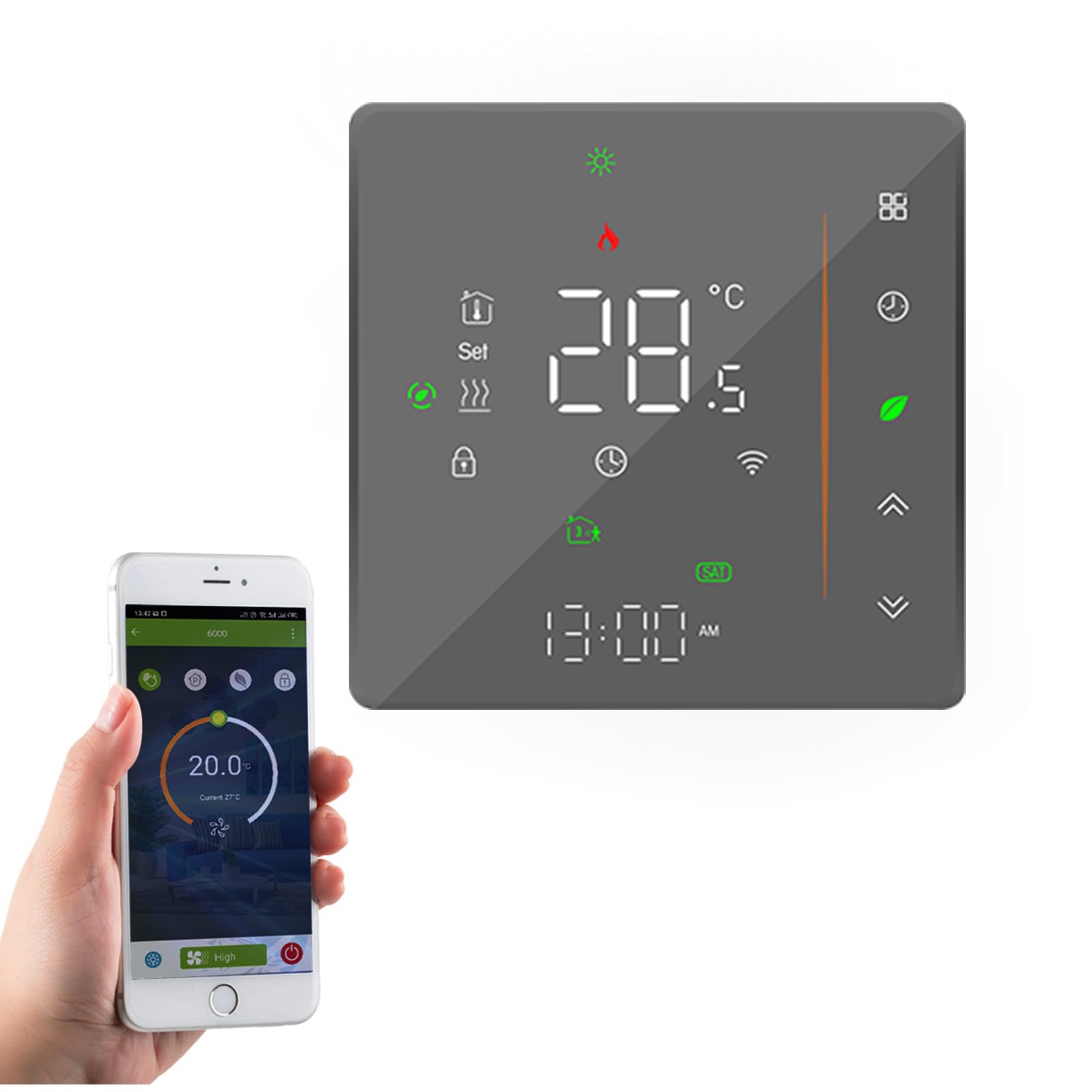 Qiumi Grey Smart Wifi Color Thermostat For Individual Gas/Water Boiler Heating Works With Alexa Google Home Dry Contact, Led Light Display Protect Your Eyes, 5A 95~240Vac