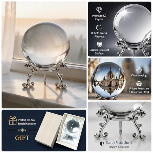 Image of ZEERSHEE 3.1in Crystal Ball with Stand, Photography Prop for Decor | Premium K9 crystal Polished for exceptional clarity Includes display stand and gift box Ready to display