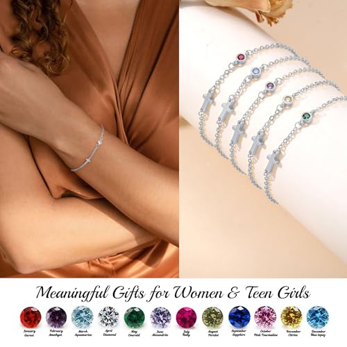 Cross Bracelet with Birthstone Dainty Gold Bracelets for Women Birthday Gift Christian Gifts for Her Religious Faith Baptism Confirmation Gifts for Teen Girls Christmas Jewelry for Sister Daughter Granddaughter Girlfriend