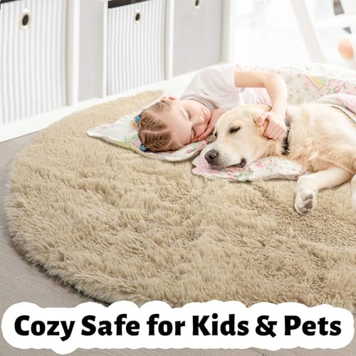 Amdrebio Beige Round Area Rugs 5Ft for Bedroom, Fluffy Plush Shag Furry Circle Rug for Kids Room, Living Room Decor Aesthetic, Fuzzy Circular Tan Neutral Carpet for Teens Baby Nursery Playroom Dorm
