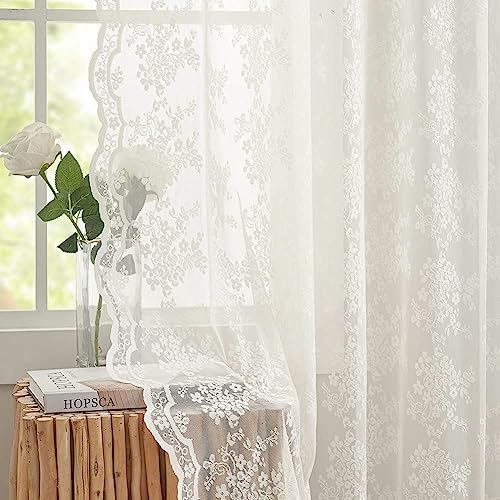 YJ YANJUN Lace Cafe Curtains 45 inch Length Set of 2 Country Flor...